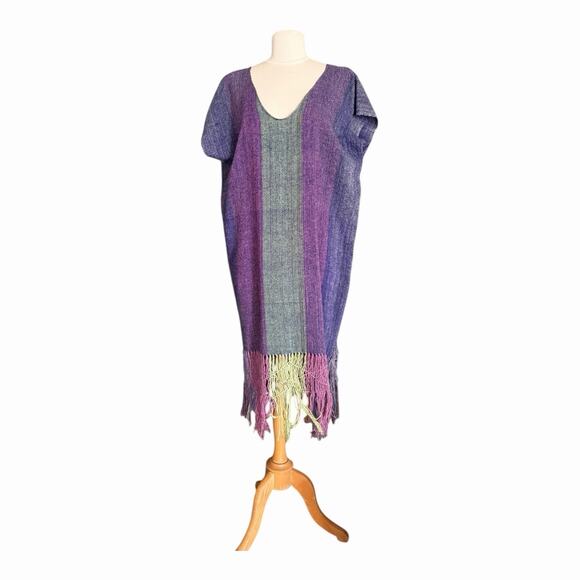 Handwoven Boho Striped Tunic Kaftan Fringe Hem Artisan Dress Purple Burgundy Grn - Picture 4 of 11